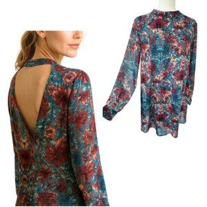 ASTR Blue Grey Burgundy Floral Back Cutout Shift Dress Size M